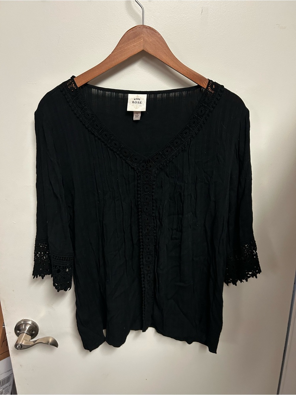Knox Rose Black Crochet-Trim V-Neck Blouse